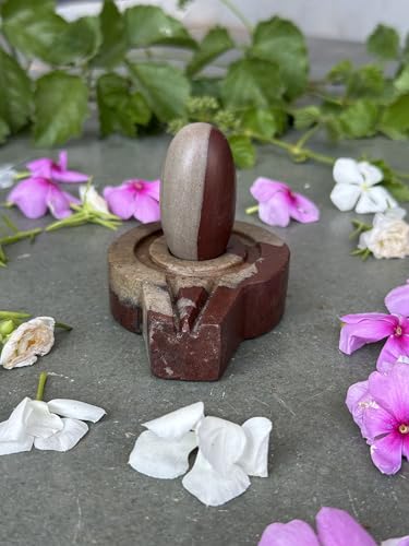 Image of 1.5 inch Original Narmadeshwar Narmada Shivling with 3 inch Narmada Stone Yoni Base Jaladhari (Ardhanarishwar Shivling, Multicolor Flate Jaladhari)