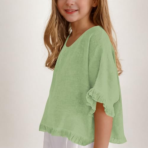 Girls Summer Tops 3/4 Sleeve Cotton Linen Ruffles Crew Neck Shirts Blouse Solid Loose Oversized Girls Undershirts Tops3