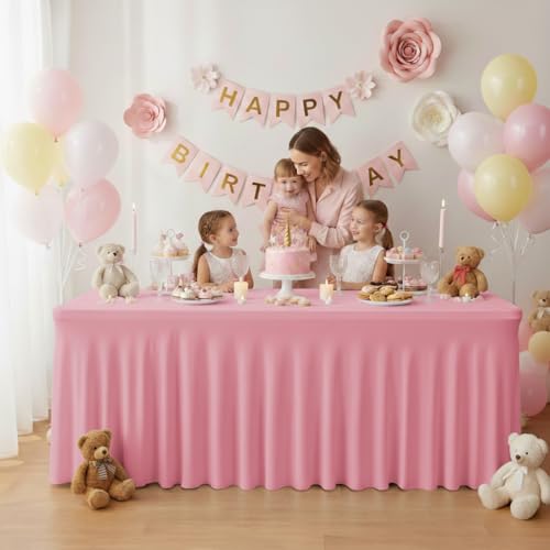 Image of HolidayIdeas 2 Pack Spandex Table Skirts for 4 ft Folding Table, Stretch Rectangle Tablecloth for Wedding, Banquets, Parties, Pink, 24x48