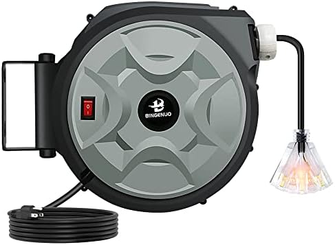 BINGENUO 50FT Retractable Extension Cord Reel - 12AWG/3C SJTOW Heavy Duty Power Cord with Lighted Triple Tap Outlets,15A Circuit Breaker, Ceiling/Wall Mount 180° Swivel for Harbor Freight,Workshop