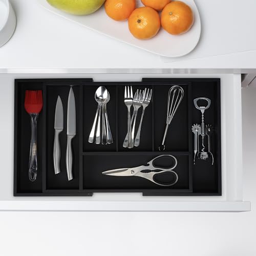 Relaxdays Cutlery Tray, Extendable Insert, 5 to 7 Compartments, Drawer Organiser, Bamboo & MDF, Utensils Storage, Black - Image 4