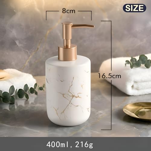Image of Ceramic Soap Dispenser (Luxe White) - 400ml Refillable Lotion Shampoo Bottle Matte White & Gold Marbling Elegant Bathroom & Kitchen Counter Accessory Premium Pump Bottle