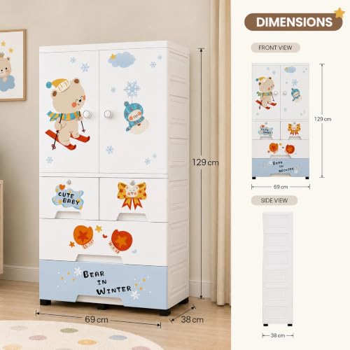 Image of Kids Plastic Wardrobe for Clothes Storage | Baby Cupboard & Almirah with Hanging Rod & Shelves | Portable Collapsible Storage Cabinet for Bedroom | Cartoon Kids Wardrobe