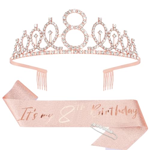 CIEHER 8th Birthday Crown + 8th Birthday Sash + Pearl Pin Set 8th Birthday Gifts for Girls Its My 8th Birthday Decorations Women Happy 8th Birthday Party Supplies