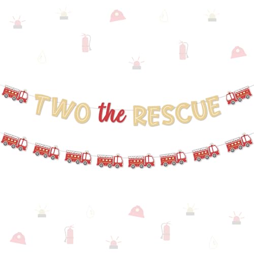 Wonmelody Fire Truck 2nd Birthday Decorations Two the Rescue Banner Fire Truck Theme Birthday Banner Garlands Emergency Vehicle Bday Decorations Transportation Bday Supplies for 2nd Boy