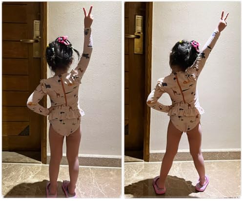 Image of Girls One Piece Swimsuits Zipper Rash Guard Long Sleeve Bathing Suit with Ruffle Hem UPF50+