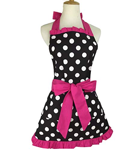 Xmbfz Women Aprons Cute Retro Cotton Cooking Polka Dot Extra Pocket Vintage Apron Dress Gift For Women Girls,Rose #TOP1