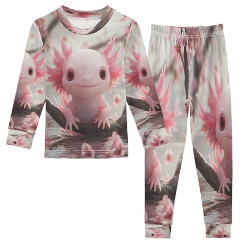Pajama Sets Long Sleeve Pink Axolotl with Cherry Blossoms Soft Comfy Sleepwear 2 Piece PJS 3-8T