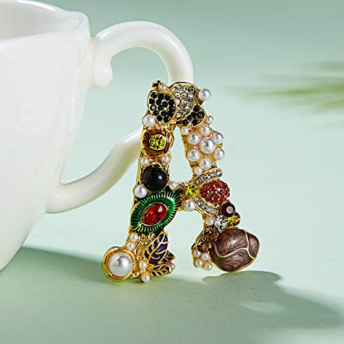 Image of Initial Brooch Pins A-Z 26 Letters Brooches For Women Colorful Enamel Alphabet Pin Pearl Crystal Lapel Pin