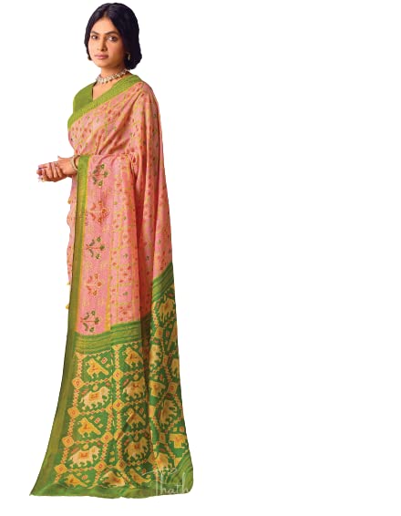 THATH BANARAS Women Paithani And Brasso Silk Printed Saree with Designer Blouse Piece (Color:- Light Pink & Green)