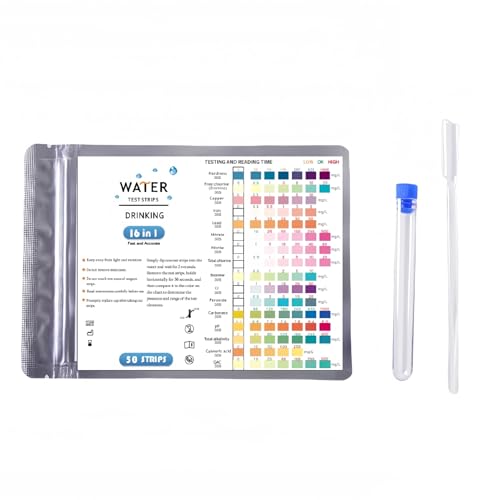 YUNYU 50 Tiras Reactivas para Agua 16 en 1 – Kit de Prueba de 16 Parámetros para Agua Potable, Piscina, SPA y Acuario – Analiza Dureza, Plomo, Hierro, Cobre, pH, Cloro