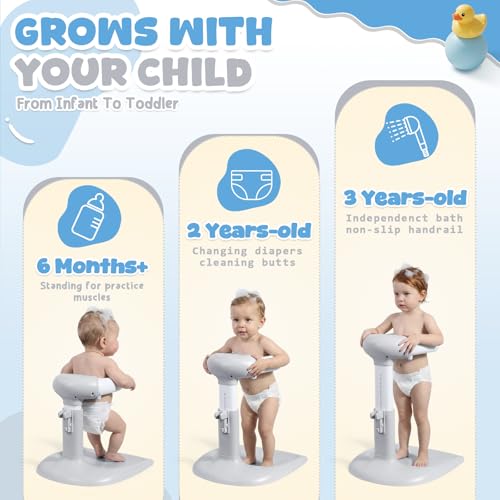 Image of Orzbow Baby Bath Stand, Adjustable Height Baby Shower Stand, Toddler Shower Standing Support with Non-Slip Base for Infant 6-36 Months, Easy-Use, Ideal Gift, Gray