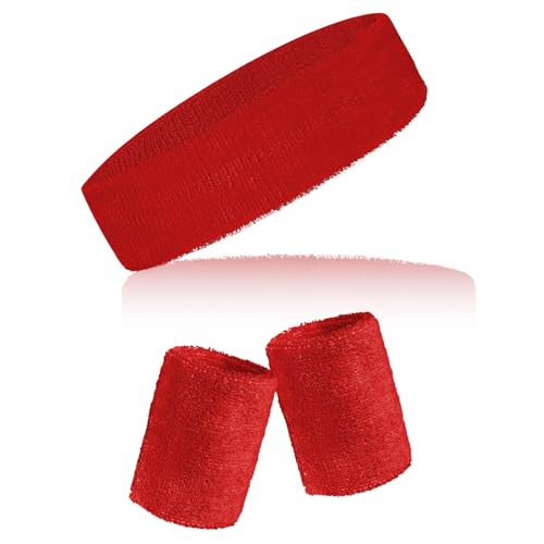 Sucrain 3 Pcs Sweatbands Set 80s 90s Neon Sports Headband Wrist Sweat Bands Workout Cotton Headbands Terry Cloth Absorbent Nonslip Stretchy Head Wrist Wicking Wristband for Men Women Party (Red)