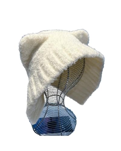 Gorro Invierno Gorro De Punto De Invierno con Diseño De Orejas De Oso, Piel Sintética De Visón, 56-58 Cm(Blanco)
