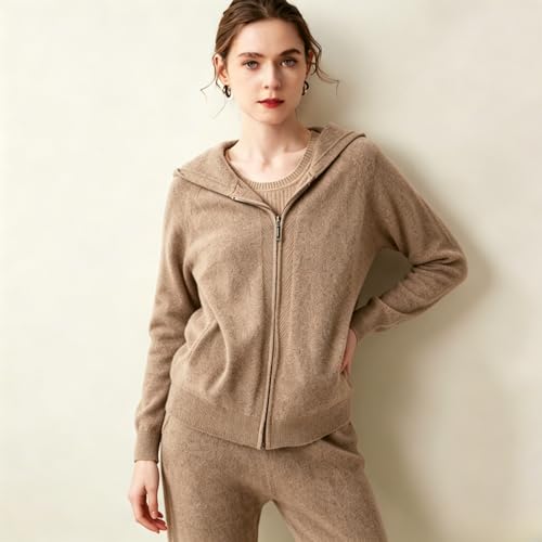 Image of Women's Fall and Winter 100% Cashmere Zipper Open Long Sleeve Hoodie