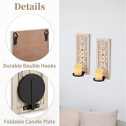 Sziqiqi Wooden Candle Sconce Wall Candle Holder - Wood Decorative Wall-Mount Pillar Candles Holders With Flower Embossed Design Vinatge Wall Decorations For Living Room Farmhouse Fireplace Wedding #TOP5