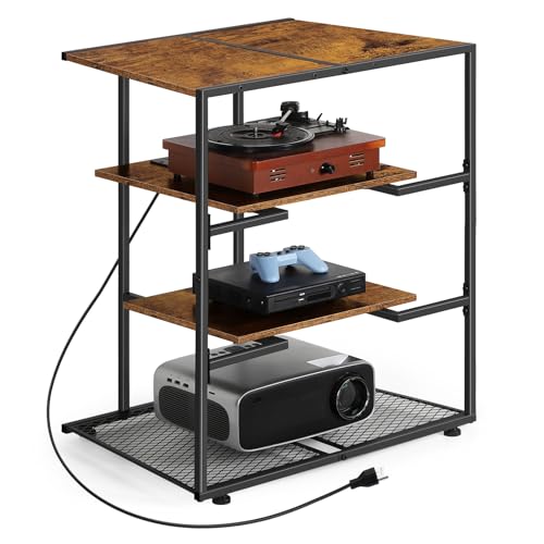 4-Tier AV Media Stand with Adjustable Outlets, Media Console, Audio Rack Tower Stereo Stands for Record Player, Living Room, Gaming Room, Office Room, and Music Studio, Rustic Brown