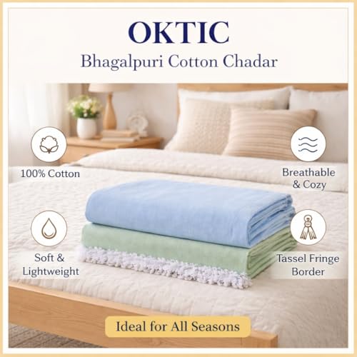 Image of OKTIC Bhagalpuri Chadar Original Combo Pack Set of 2, Eco Friendly Cotton Top Sheet for Summer Comfort, Skin Friendly Odhne Wali Bhagalpuri Chadar Bedsheet Single Size 230 x 130 cm (Olive Sky)