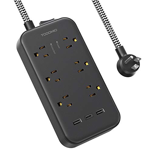 Power Strip Surge Protector, Todomio 6 Outlets with 3 USB-A USB-C Ports 6FT Braided Extension Cord, Wall Mountable Flat Plug Overload Protection for Home and Office, 1625W