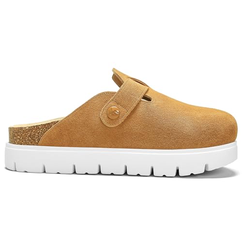 Image of Women's Suede Platform Clogs Leather Mules Slip On Indoor Outdoor Shoes | Arch Support, Cork Footbed, Adjustable Buckle,Water Resistant Upper,All Day Comfort