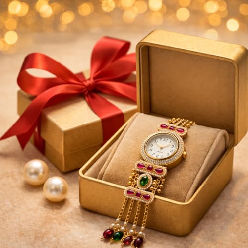 Image of Kashmiri Watch with Colorful Beads for Women | Gold Chain, Traditional Design, Pearl Strap with Blue Bird Design, Wedding & Festive, Ethnic Wrist Watch