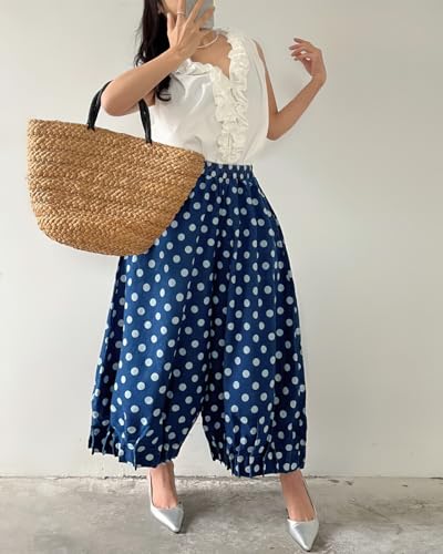 chouyatou Women Polka Dot Printed Wide Leg Cotton Pants Loose Elastic Waist Palazzo Trousers with Pockets3