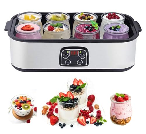 GYLFZDQ Yogurtera Digital automática con 8 frascos de Vidrio de 180 ml, Yogur probiótico de Acero Inoxidable con Control de Temperatura Constante y Pantalla LCD. Silver,1400ML