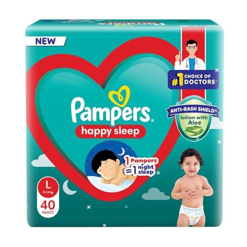 Image of Pampers Happy Sleep Pant Style Baby Diapers, Large (L), 40 Count, 1 Pampers = 1 Night Sleep, with Anti Rash Shield, 9-14 Kg Diapers