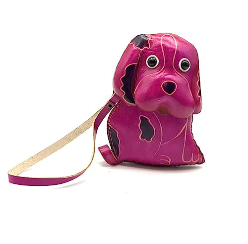 Handmade Genuine Leather 3D Animal Dog Coin Purse with Removable wrist strap (Pink)