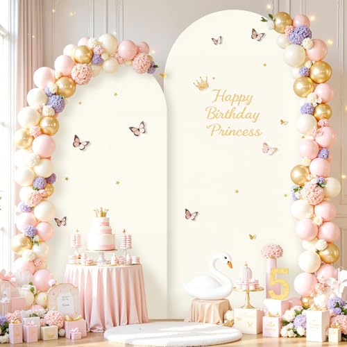 Image of Cream and Lavender Photo Arch Backdrop Cover Set of 2 Spandex 7.2ft and 6ft Arch Covers Stretchy Backdrop Baby Shower Arch Stand Covers for Girls Birthday Party Wedding Banquet Background