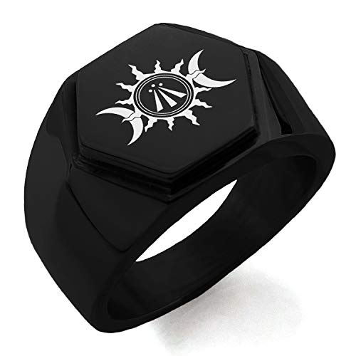 Stainless Steel Celtic Awen Arwen Sun & Moon Hexagon Crest Flat Top Biker Style Polished Ring
