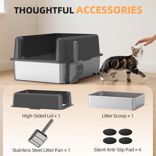Image of WoofiGo Enclosed Stainless Steel Cat Litter Box with Lid, XL Extra Large Litter Box for Big Cats, Metal Litter Pan High Sided, Never Absorbs Odors, Anti-Urine Leakage, Include Scoop (65-Darkgray)