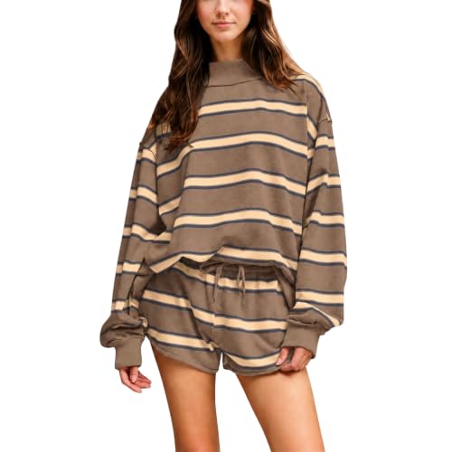 2 Piece Sweatsuits for Women Striped Two Piece Mock Neck Sweatshirt Shorts - image 1