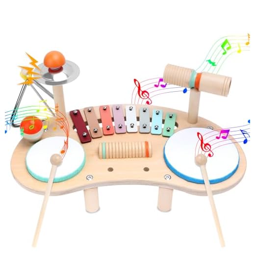 Batería de madera para niños 9 en 1, instrumentos musicales de xilófono de madera, para niños, para festivales y regalos de cumpleaños para niños de 3 a 6 años
