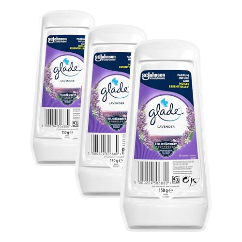 Glade Ambientador Gel Absorbeolores Lavanda, con Aceites Esenciales, Dura Hasta 60 Días, 1 Gel (Paquete de 3)