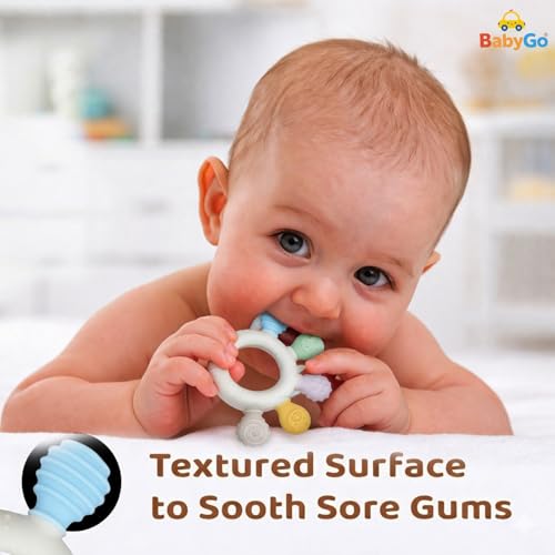 Image of BabyGo 2 in 1 Baby Teether and Teething Ring for Infants | Soft Silicone and Natural Neem Wood Teether | Teething Toy for Chewing, Mouthing, and Sensory Development for Babies 3-12 Months | Pack of 1