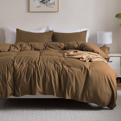 Image of Ranunculus Washed Khaki Duvet Cover Set King Size, 3 Piece Prewashed Cotton-Like Bedding Set, Duvet Cover 104X90 Inches with Button Closure & 2 Pillow Shams for All Seasons,Comforter Not Included