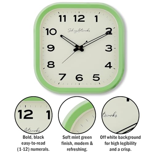 Image of Sehaz Artworks Silent Square Wall Clock for Hall | Green - 28x28 CM | Non Ticking, Designer Wall Clock for Bed Room Silent Sweep, Wall Watch for Living Room Stylish, Clock for Living Room Stylish