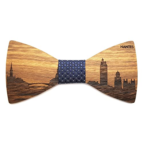 GASTON ET FERDINAND - Noeud Papillon Bois Foncé Tissu Bleu Ville Française Cocorico France Au Choix Fait Main Artisanal - Taille unique, NANTES Cover