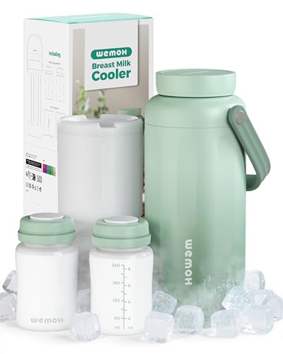 Image of WEMOH Breast Milk Cooler Bottle - 12H+ Ice-Cold/24H Safe Storage, Compatible with Spectra Pumps, TSA Approved Travel Chiller, 18oz (2x9oz) Lightweight Leakproof Container for Work, Green