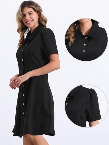 Image of Allegra K Denim Dress for Women's Puff Sleeve Button Down Collared Jean A-Line Dress