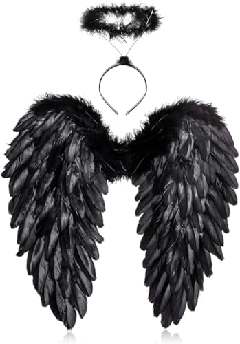 YeahBoom 45CM Engelsflügel Schwarz Engel Flügel mit Heiligenschein