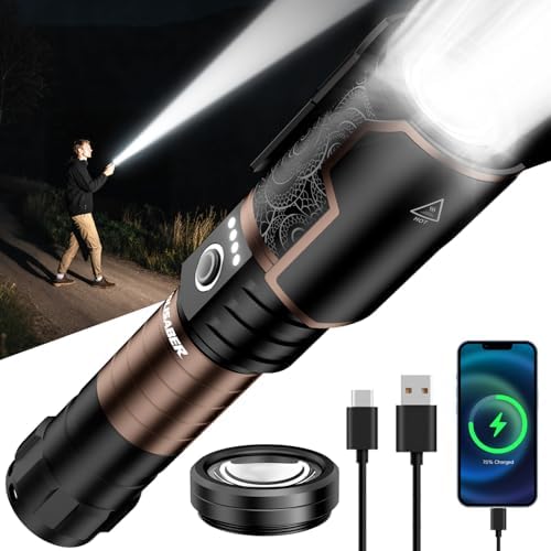 Flashlight 3000 High Lumens with Ignition Lens, Rechargeable Super Bright Zoomable LED Flash Light, 6 Mode Waterproof Handheld Powerful Tactical Flashlights for Camping Essentials Emergency