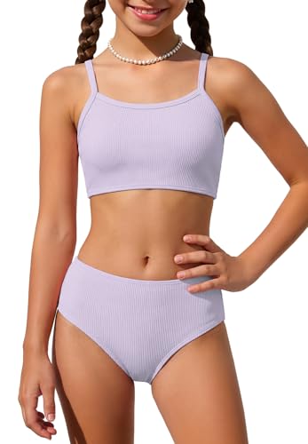 Image of Zando 2 Piece Ribbed Swimsuits for Teen Girls Kids Size 6-15 Years High Waisted Solid Cute Bikini for Summer Beach Wear