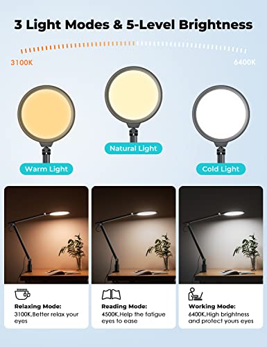 Viozon Led Desk Lamp With Clamp, Swing Arm,7'',Eye-Caring,Dimmable 3 Color Modes & 5 Brightness,Height,Angle Adjustable, Aluminum Alloy, Usb Charging&Memory Function For Home Office,Read,Work,Study #TOP2