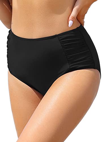 Shekini Women's Retro Bikini Bottom Ruched Swimsuit Bottoms High Waisted Bathing Suit Bottom（Manhattan Black, Medium） #TOP4