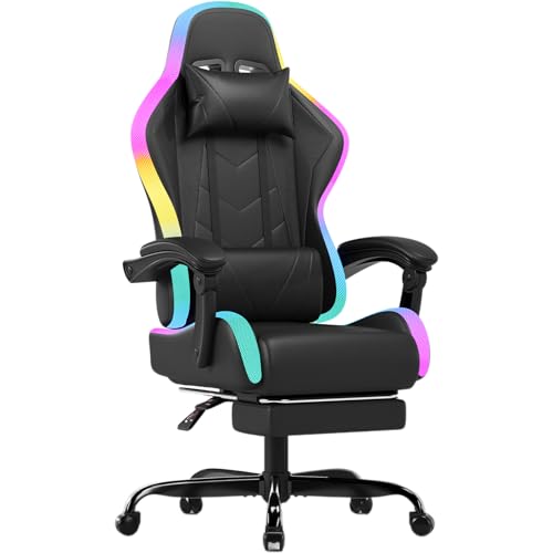 JUMMICO Chaise Gaming avec LED, Fauteuil Gaming au Design de La Course Automobile avec Repose-Pieds Extensible, Chaise de Bureau Ergonomique avec Fonction Massage,Capacité de Charge 150 kg, Noir