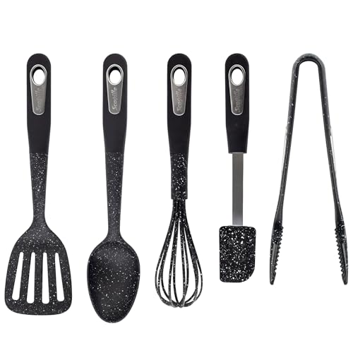 Scoville 5 Piece Kitchen Utensils Set, Cooking Utensils for Non Stick Kitchenware, Includes Slotted Turner, Solid Spoon, Whisk, Silicone Spatula & Kitchen Tongs, Dishwasher Safe, Anti Scratch, Black