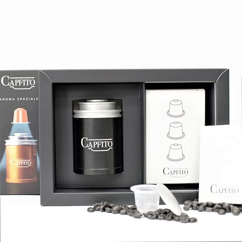 CAPFITO Noir Kit, Cápsula reutilizable para máquinas compatible Nespresso (original), [1 Capfito color negro + 12 cápsulas reutilizables de polipropileno +100 discos de aluminio]