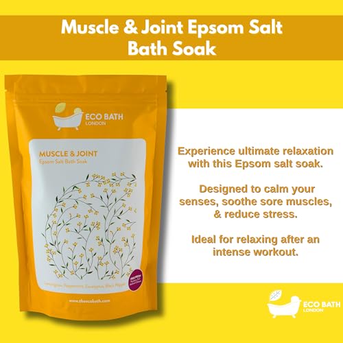 Image of Eco Bath London Muscle & Joint Epsom Salt Bath Soak - Pouch 2.2 LB (1kg) | Made in UK | Magnesium Bath Salts with Lemongrass, Peppermint, Eucalyptus and Black Pepper Oils | Bath Salt for Recovery